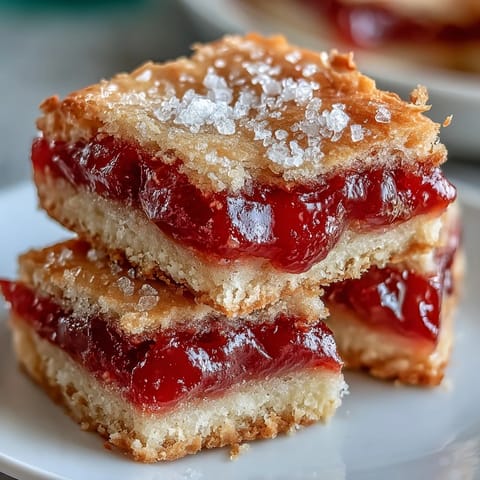 A close-up of Guava Cake Bars, showing flaky pastry layers and vibrant, sweet guava paste inside.  