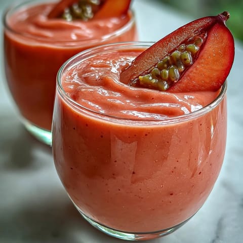 A tall glass of Guava Banana Smoothie beside ripe guavas and a banana on a rustic counter, showing the thick, pink-blended texture.