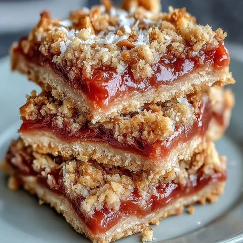 Golden guava jam bars with coconut macadamia oat crumble, baked until edges bubble and topping turns crisp and golden.