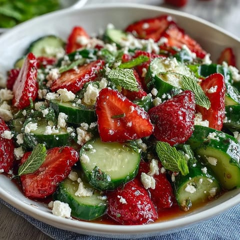 A vibrant spring salad of cucumber, strawberries, and mint, topped with feta and almonds for a sweet and savory bite.  