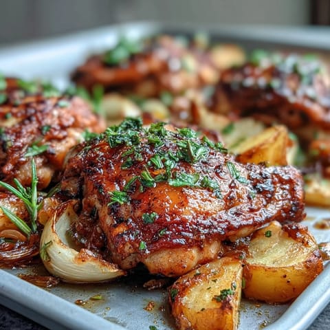 Juicy herb-marinated chicken thighs roasted alongside sweet potatoes and onions for a hearty, one-pan dinner.  