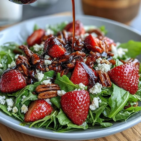 Vibrant arugula salad with juicy strawberries, creamy goat cheese, and a tangy balsamic glaze—perfect for spring gatherings.