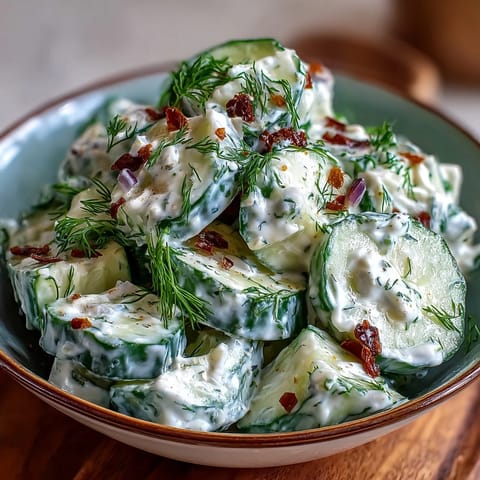 Creamy Cucumber Salad with Dill and Greek Yogurt, featuring crisp cucumbers in a tangy yogurt dressing with fresh dill sprigs.