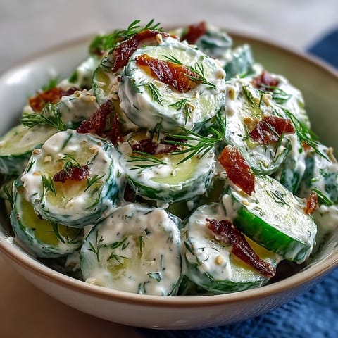 A light and refreshing Creamy Cucumber Salad with Dill and Greek Yogurt, perfect for summer cookouts or Mediterranean meals.