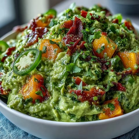 Vibrant guacamole with ripe mango chunks and fresh jalapeño, perfect for Cinco de Mayo celebrations.  
