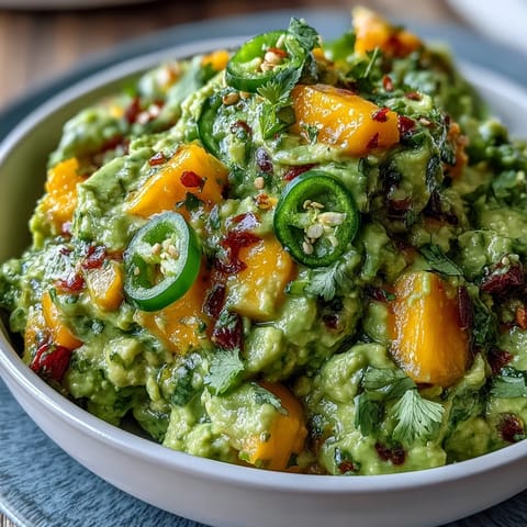 Creamy avocado dip with sweet mango and spicy jalapeño, ideal for festive Mexican appetizers.  