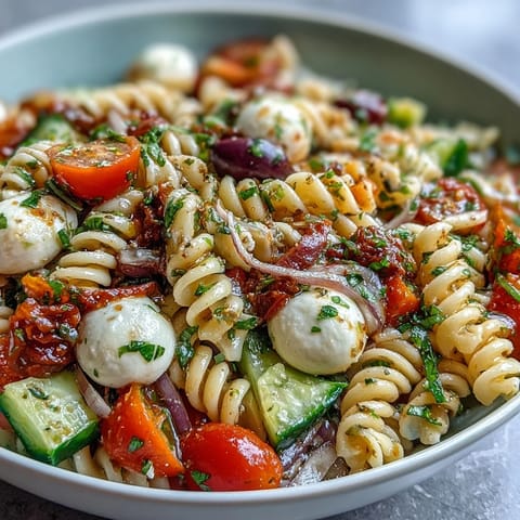 Colorful Easy Summer Pasta Salad with Italian Dressing, featuring cherry tomatoes, cucumbers, and mozzarella in a zesty dressing.