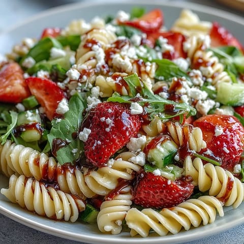 Spring pasta salad with strawberries, feta, and arugula in a white bowl, garnished with basil and pine nuts.
