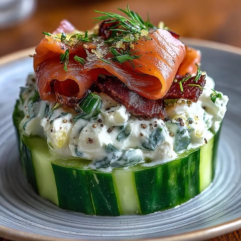 Elegant smoked salmon cucumber bites with creamy herbed cheese on crisp cucumber rounds for a refreshing appetizer.