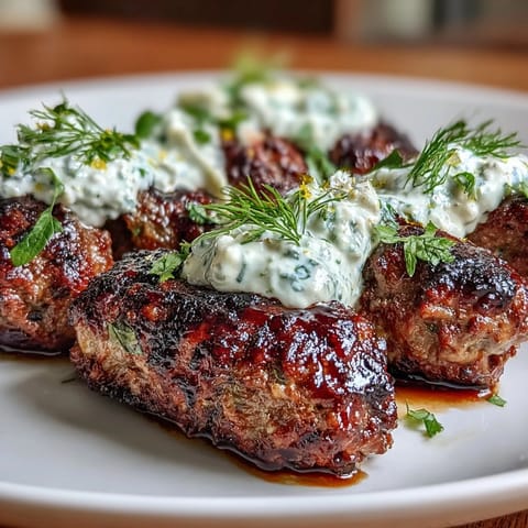 Juicy lamb kofta skewers seasoned with cumin and coriander, grilled to perfection and served with creamy homemade tzatziki sauce.  