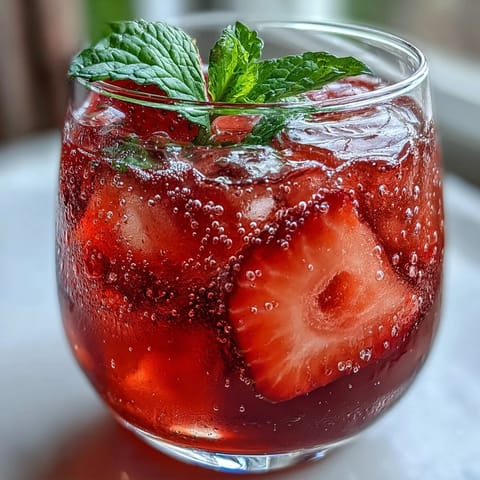A refreshing glass of strawberry agua fresca with fresh mint and lime slices on a sunny table.