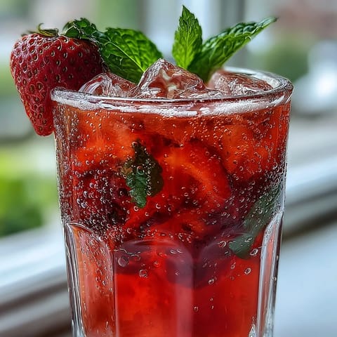 Vibrant pink strawberry agua fresca served over ice with sliced strawberries and a lime wedge garnish.