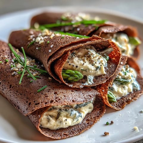 Golden buckwheat crepes rolled with sautéed asparagus, zucchini, and spinach, topped with lemon-herb cheese.  