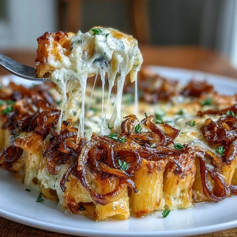 French Onion Pasta Bake with golden caramelized onions and melted Gruyère cheese in a creamy sauce.
