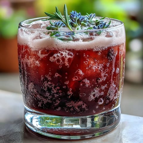 Vibrant glass of blackberry lavender lemonade fizz with fresh berries, lemon slices, and lavender garnish, perfect for summer parties.  