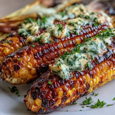 Memorial Day Grilled Corn with Herbed Butter 4 Ways - charred golden corn on the cob served with vibrant parsley-chive, basil-lemon, cilantro-lime, and Parmesan-paprika butters.