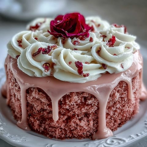 This pink velvet cake showcases a luscious rosé flavor with a decadent cream cheese frosting.