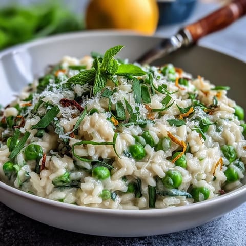 Creamy spring pea risotto with fresh mint, Parmesan, and lemon zest, a vibrant vegetarian main dish perfect for spring.