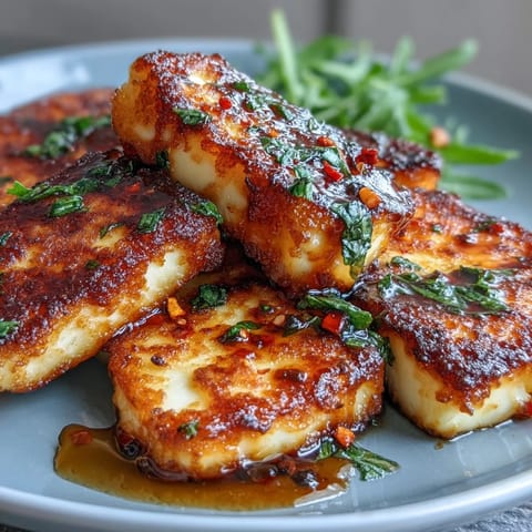 Golden halloumi slices with spicy honey drizzle served over fresh arugula for a vibrant Mediterranean appetizer.  