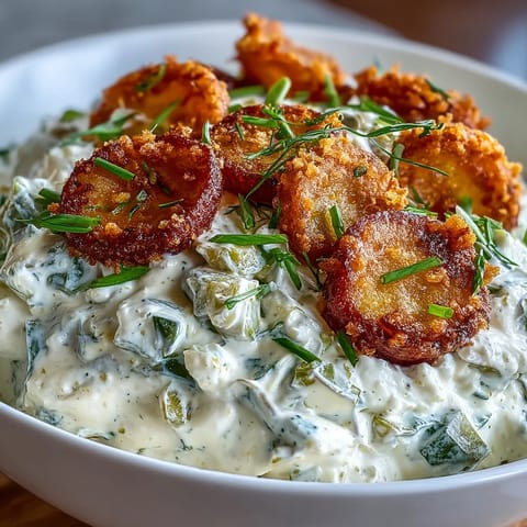 Tangy, cheesy fried pickle dip served warm with crispy pickle slices.