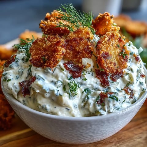 Creamy fried pickle dip with golden brown garnishes, ready for guests.