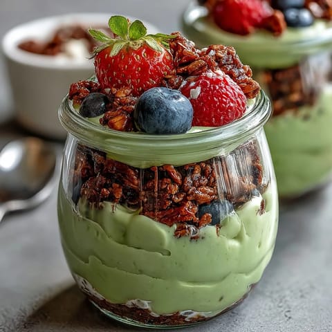 Creamy avocado chia pudding parfait bursting with fresh berries and crunchy granola.