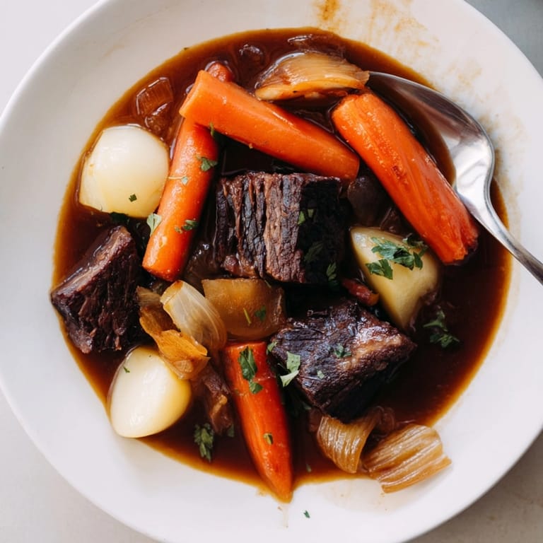 Fork tender braised beef with root vegetables, a hearty and savory meal served with fresh parsley.