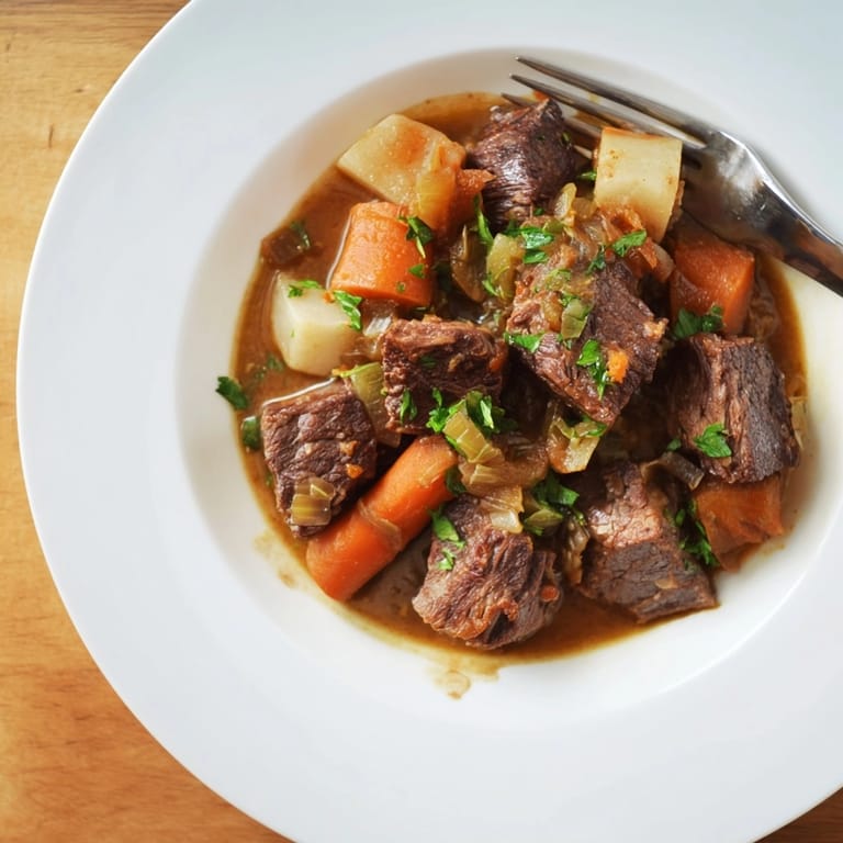 Golden braised beef with colorful root vegetables, slow cooked to perfection in a rich red wine sauce.