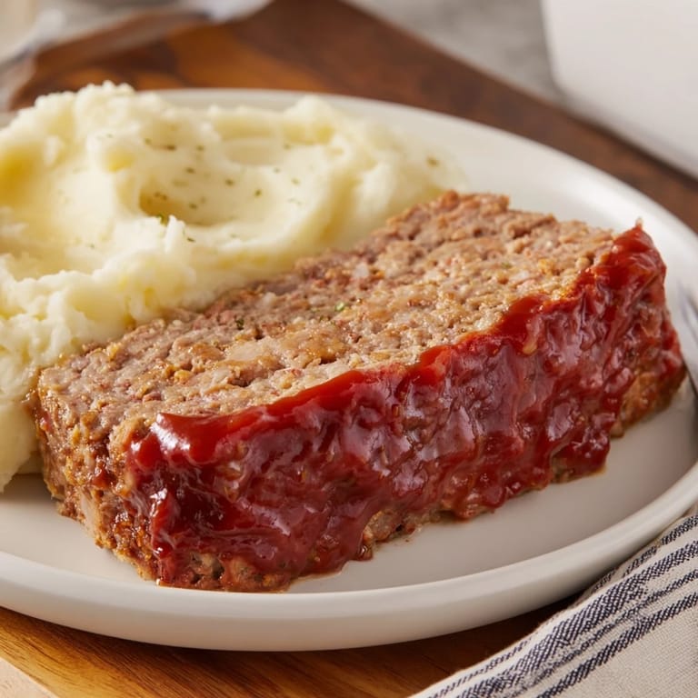 Close-up of baked meatloaf, showcasing texture, with a serving of comforting mashed potatoes nearby.