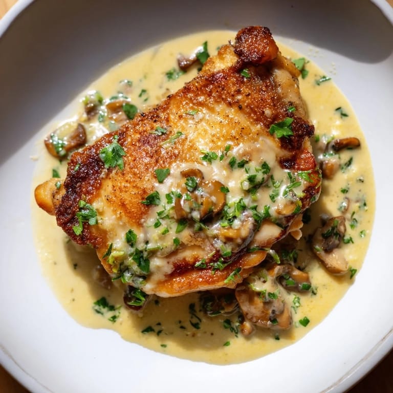 A close-up of sizzling Creamy Garlic Parmesan Chicken Thighs, smothered in a creamy, garlic-infused sauce.