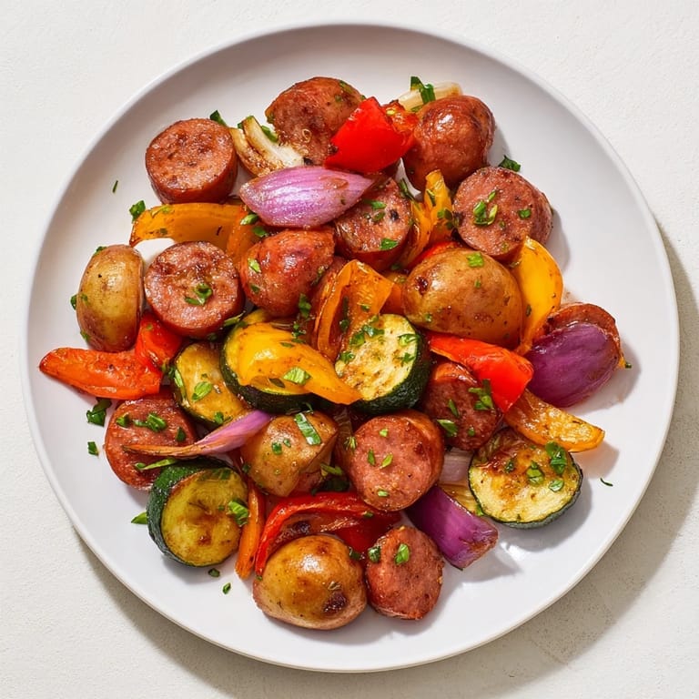 Vibrant roasted vegetables and savory sausage in this easy One-Pan Sausage.
