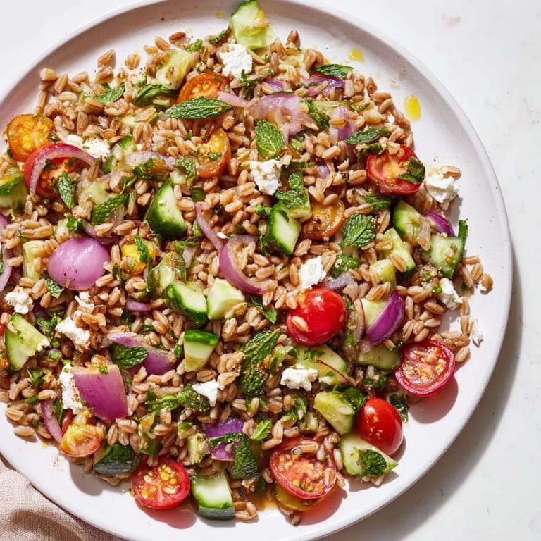 Close-up of a colorful Farro Salad, studded with feta and fresh herbs, ready to eat.