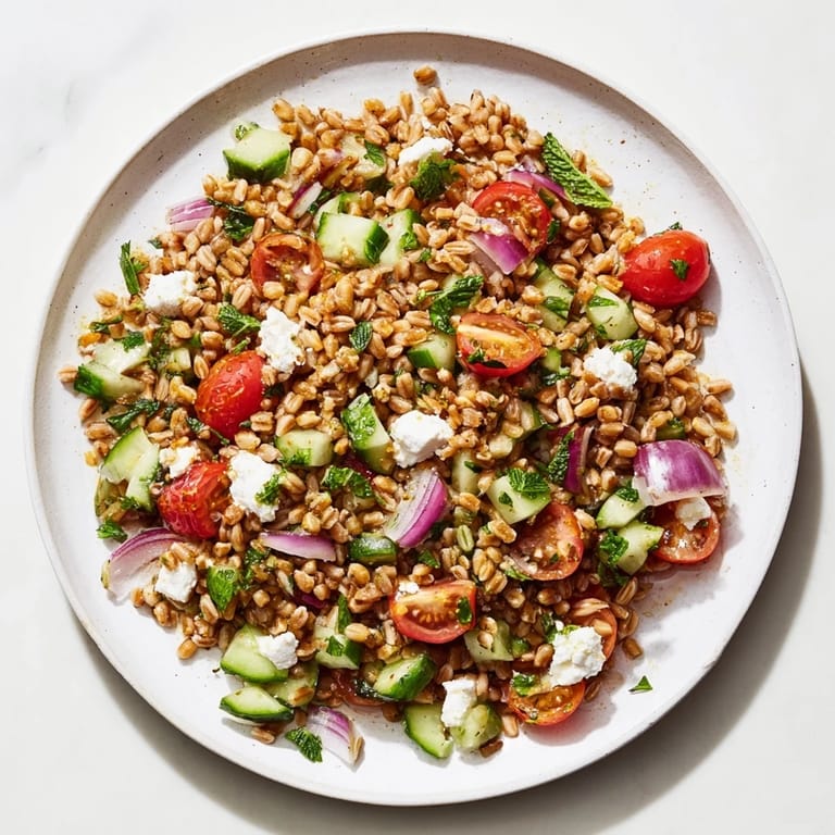 Freshly made Mediterranean Farro Salad featuring lemon dressing, tomatoes, and tangy feta.