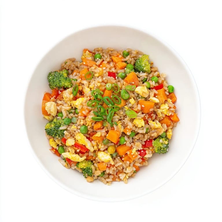 Close-up of Veggie-Packed Fried Rice showing a beautiful mix of vegetables, perfect with optional sriracha.
