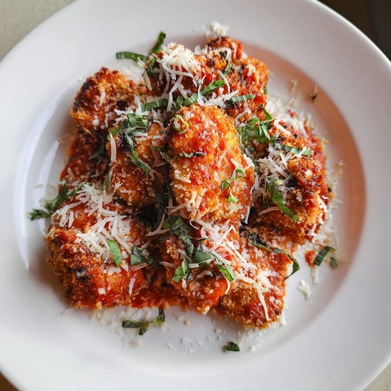 Crispy-coated Easy Baked Chicken Parmesan, served with a vibrant red marinara sauce, perfect for family dinners.