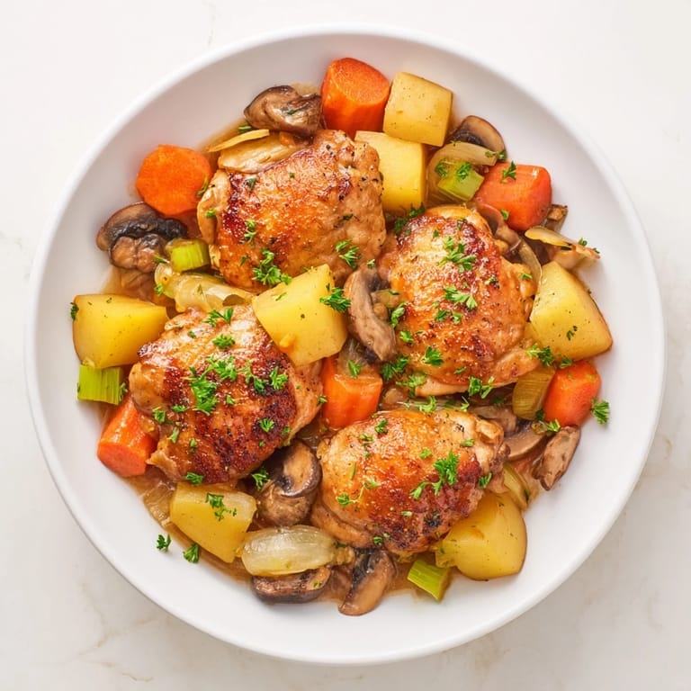 Beautifully plated bowl of Rustic Chicken and Mushroom Stew, a warm, hearty meal with crusty bread.