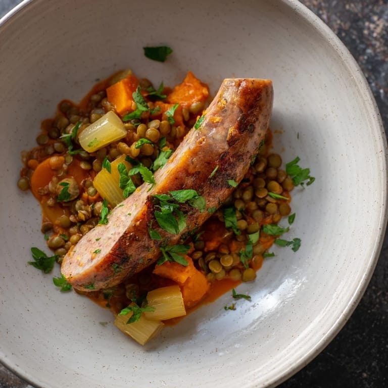 Imagine the aroma: Warm Hearty Lentil and Sausage Casserole, garnished with parsley, served with crusty bread.