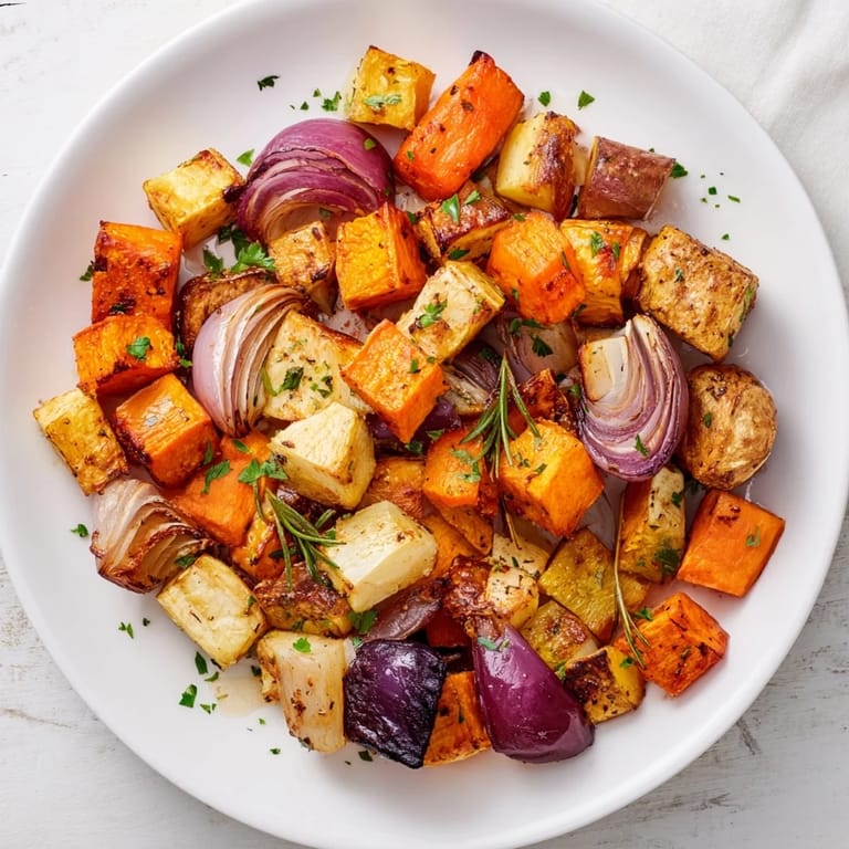 A vibrant, colorful overhead shot of the Herb-Crusted Winter Root Vegetable Roast, perfect for a vegetarian dinner.