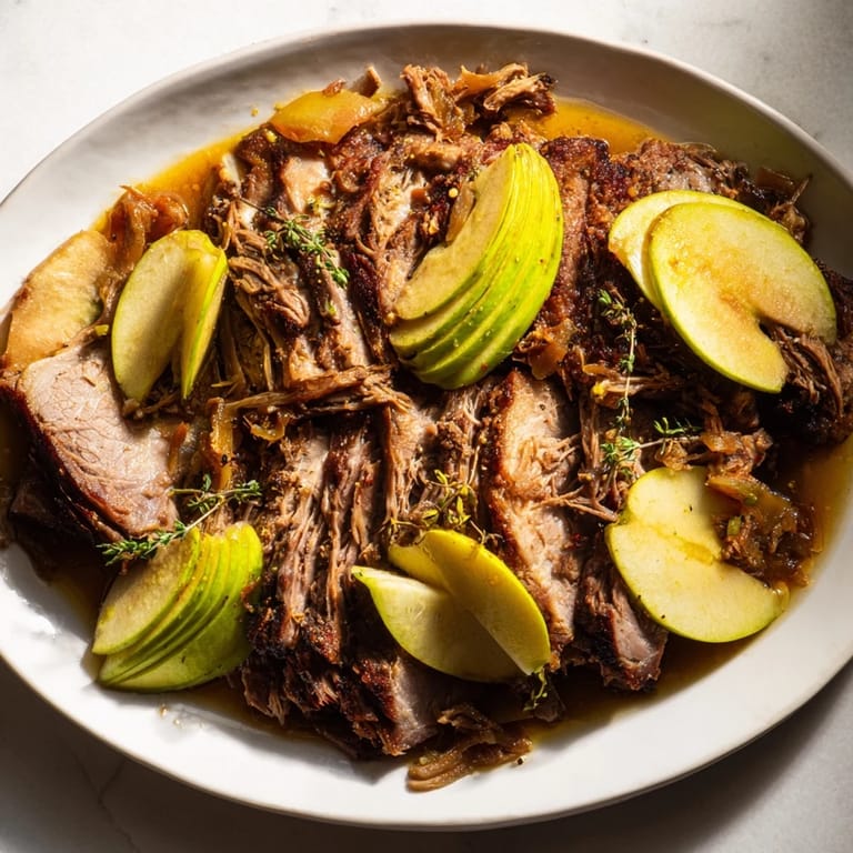 Aromatic slow roasted pork shoulder with apples, falling apart from a low-temperature roast.