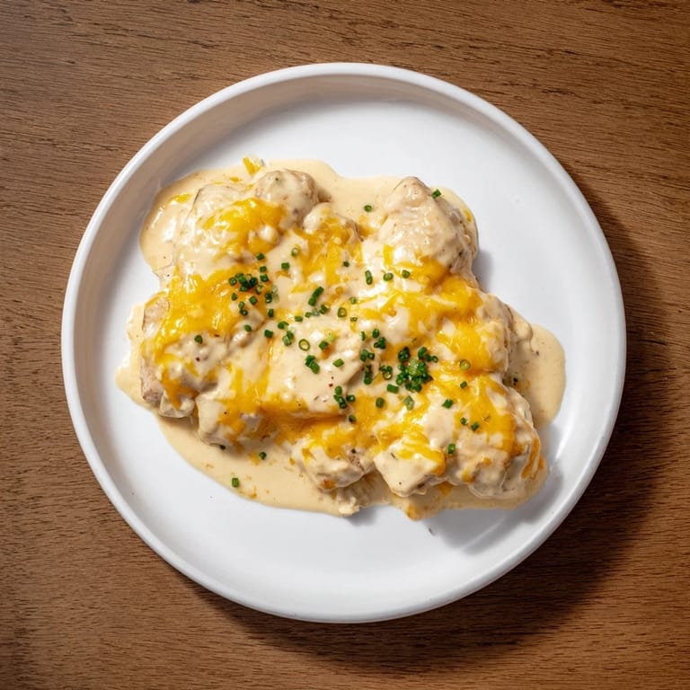 A close-up of a creamy Cheddar Ranch Chicken Bake, perfect for a satisfying weeknight meal.