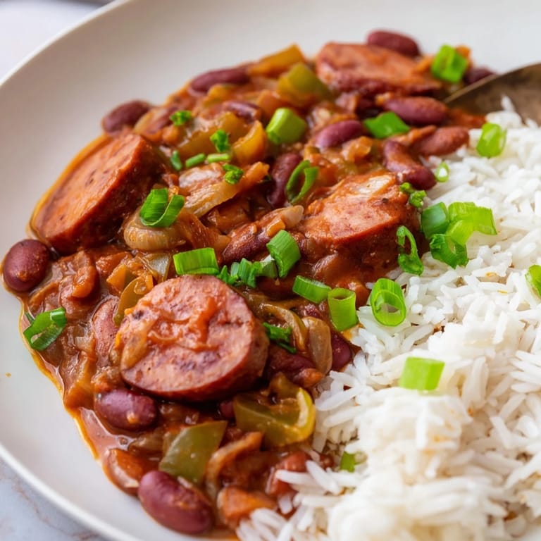 Close-up of a flavorful Red Beans & Rice serving, complete with rice and a spicy sauce drizzle.