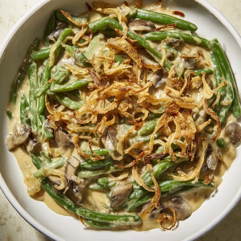 Creamy Old-School Green Bean Casserole bubbling in a baking dish, ready for serving at a family meal.