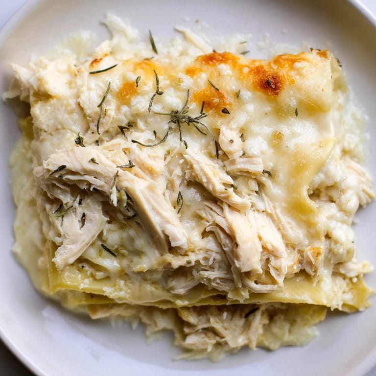 A close-up of a creamy, cheesy, and savory Rosemary Chicken Lasagna slice, showcasing the layers.
