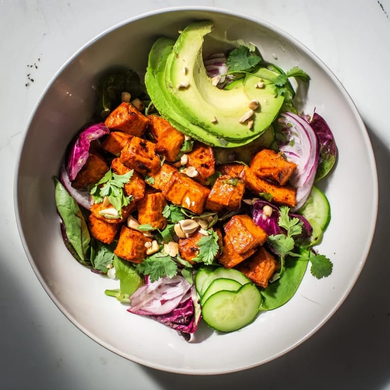 Vibrant Spiced Peanut Sweet Potato & Radicchio Salad Bowl: a hearty salad topped with creamy avocado and drizzled peanut dressing.