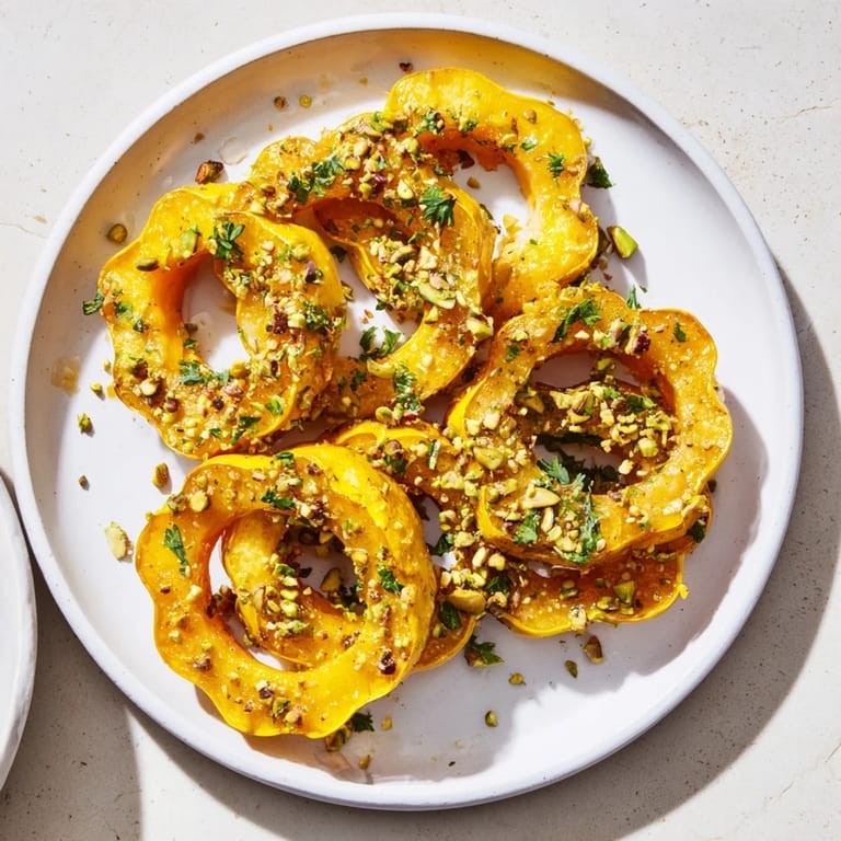 Delicious, colorful Baked Delicata Squash Rings, a perfect vegetarian side or appetizer, ready to serve!