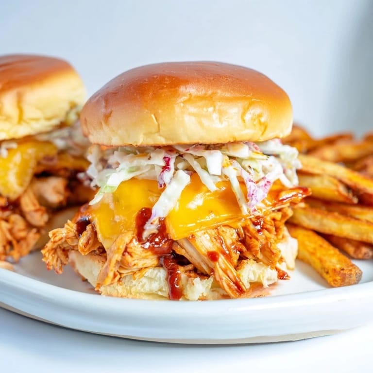 Close-up of hearty BBQ chicken sliders with cheese and coleslaw, plus golden, crisp french fries.