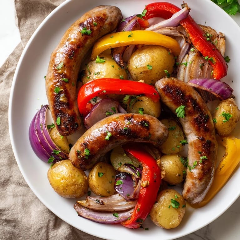 Enjoy this easy sheet-pan sausage with peppers, onions, and potatoes—a complete gluten-free meal.