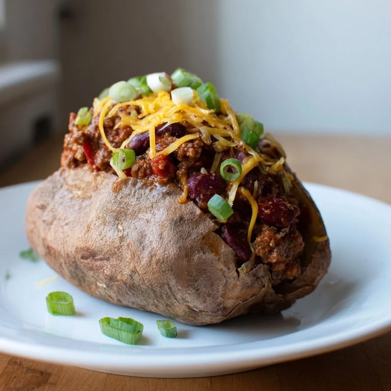 Warm, comforting Chili-Style Baked Potatoes, brimming with savory bean chili, perfect for a filling vegetarian dinner.