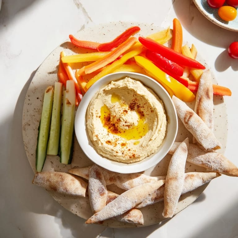 Enjoy the vibrant colors and tastes of this DIY hummus with warm pitas and fresh vegetable sticks.