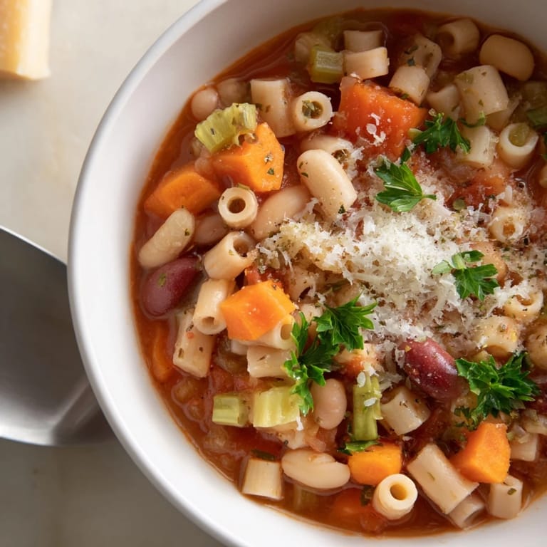 Hearty Italian Pasta e Fagioli Soup, with visible pasta and creamy beans in a rich broth.